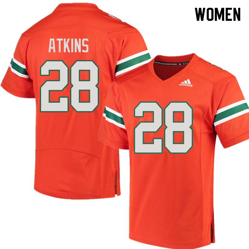 Women Miami Hurricanes #28 Crispian Atkins College Football Jerseys Sale-Orange